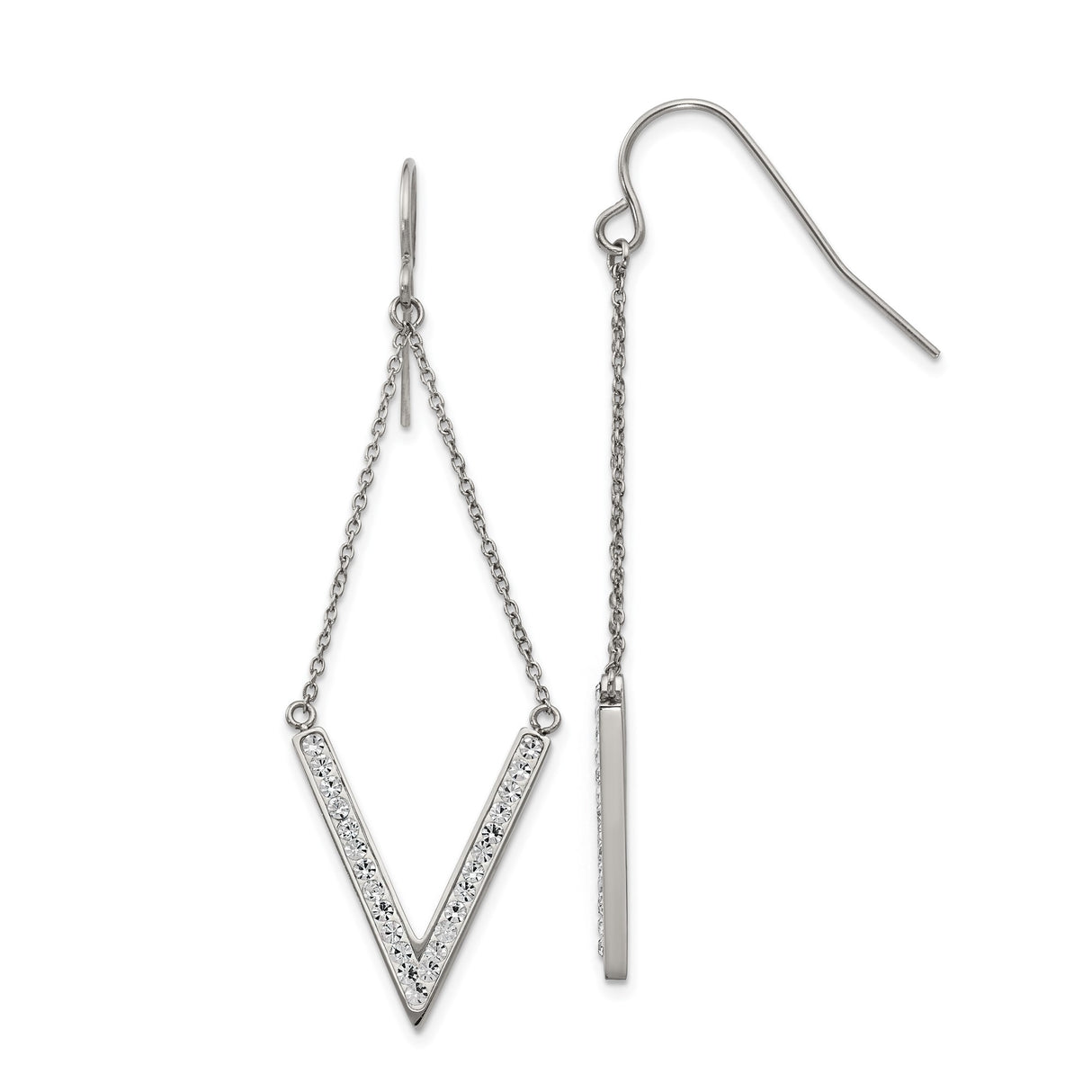 316 Stainless Steel Drop Earrings with Crystal V-Shape Pendant, Long Geometric Dangle Design