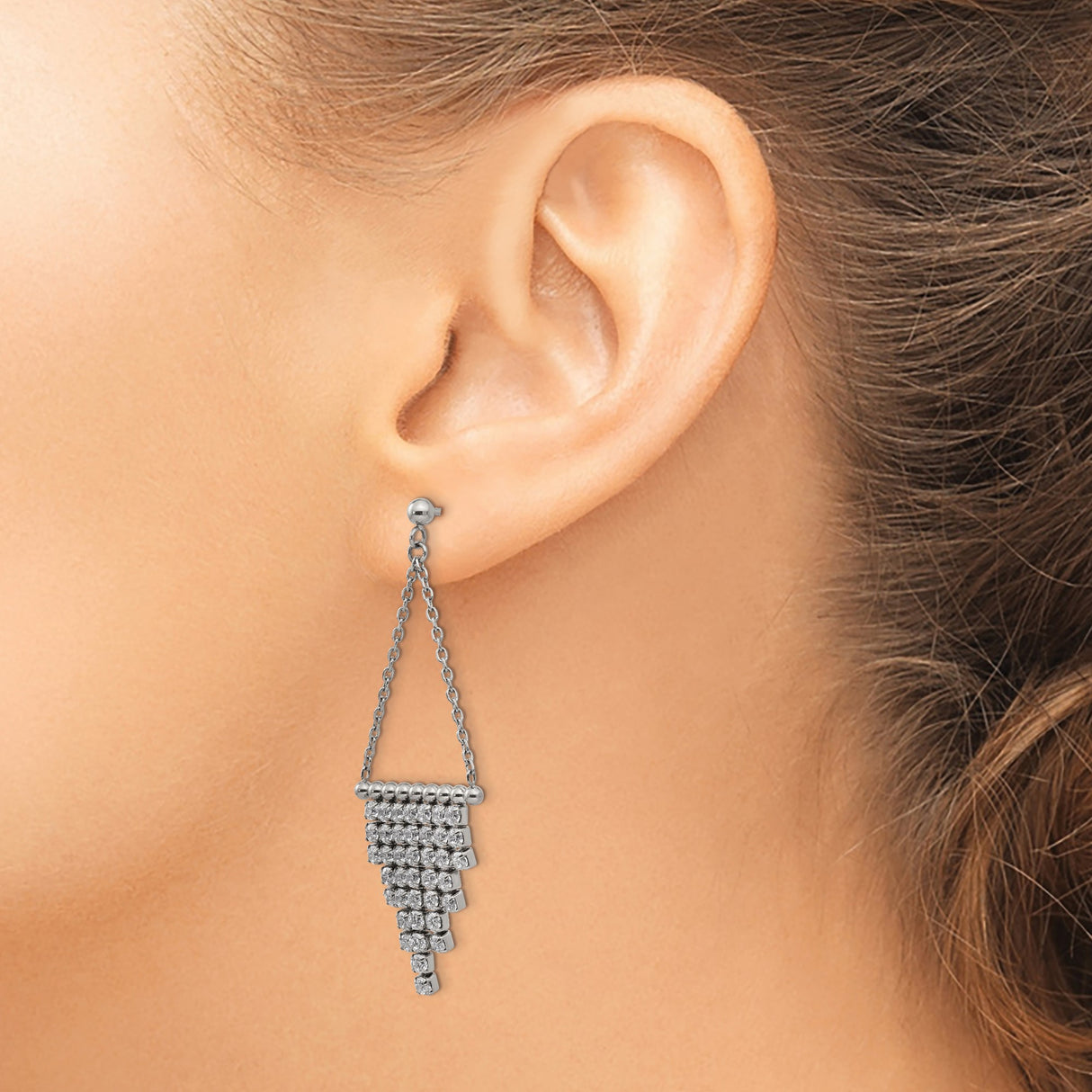 Stainless Steel Drop Earrings with Cubic Zirconia, Asymmetrical Chandelier Design