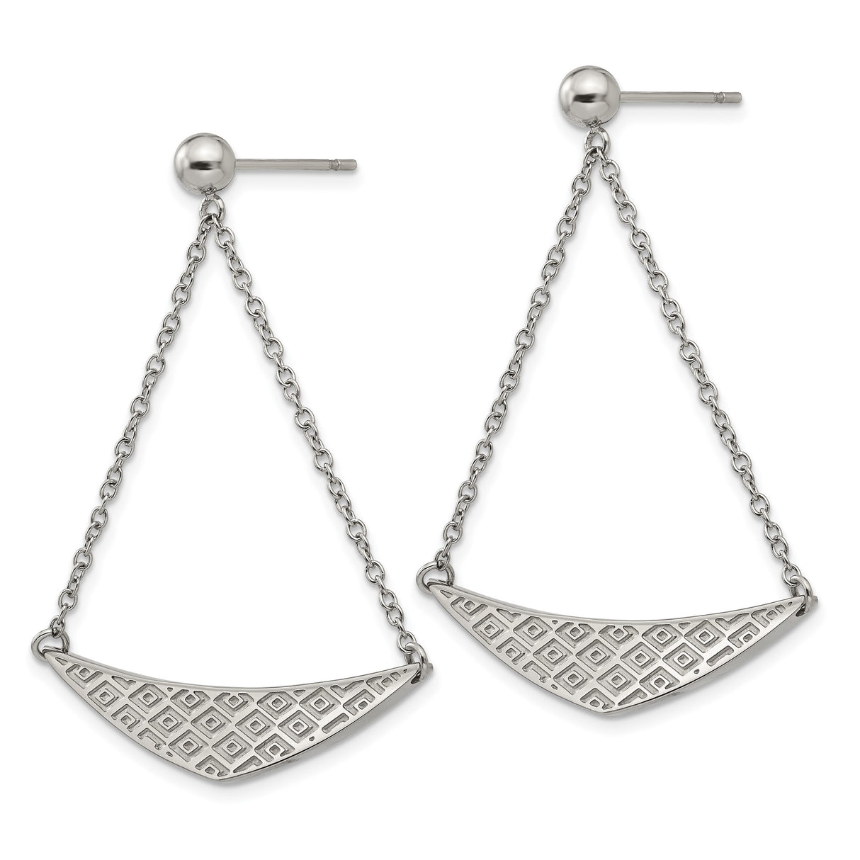 Stainless Steel Dangle Earrings with Curved Geometric Pendants and Swinging Chains