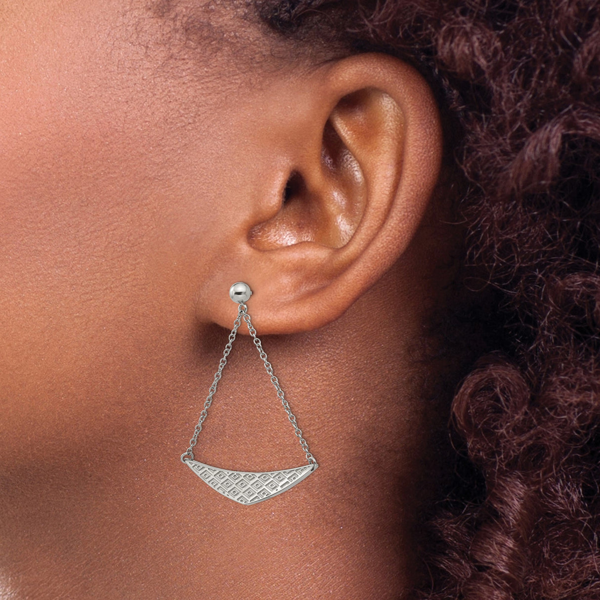 Stainless Steel Dangle Earrings with Curved Geometric Pendants and Swinging Chains