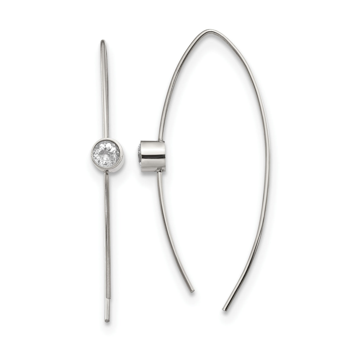 Stainless Steel Threader Earrings with Bezel Set Clear Cubic Zirconia, Minimalist Long Chain Design