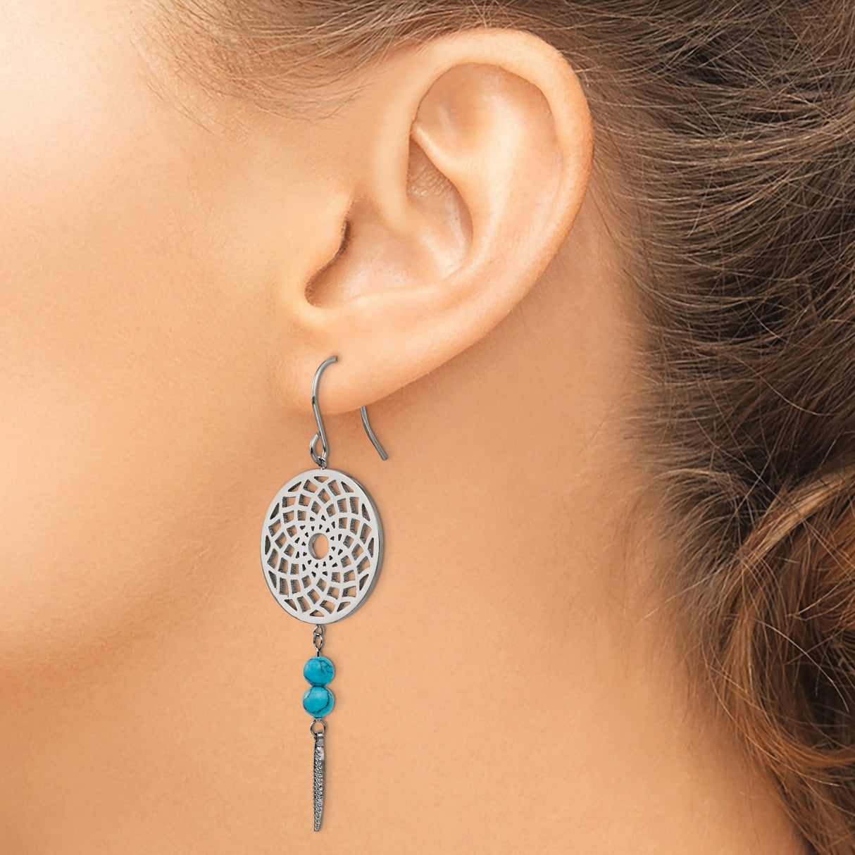 Stainless Steel Dangle Earrings with Turquoise Beads, Dreamcatcher and Feather Charms, Boho Style