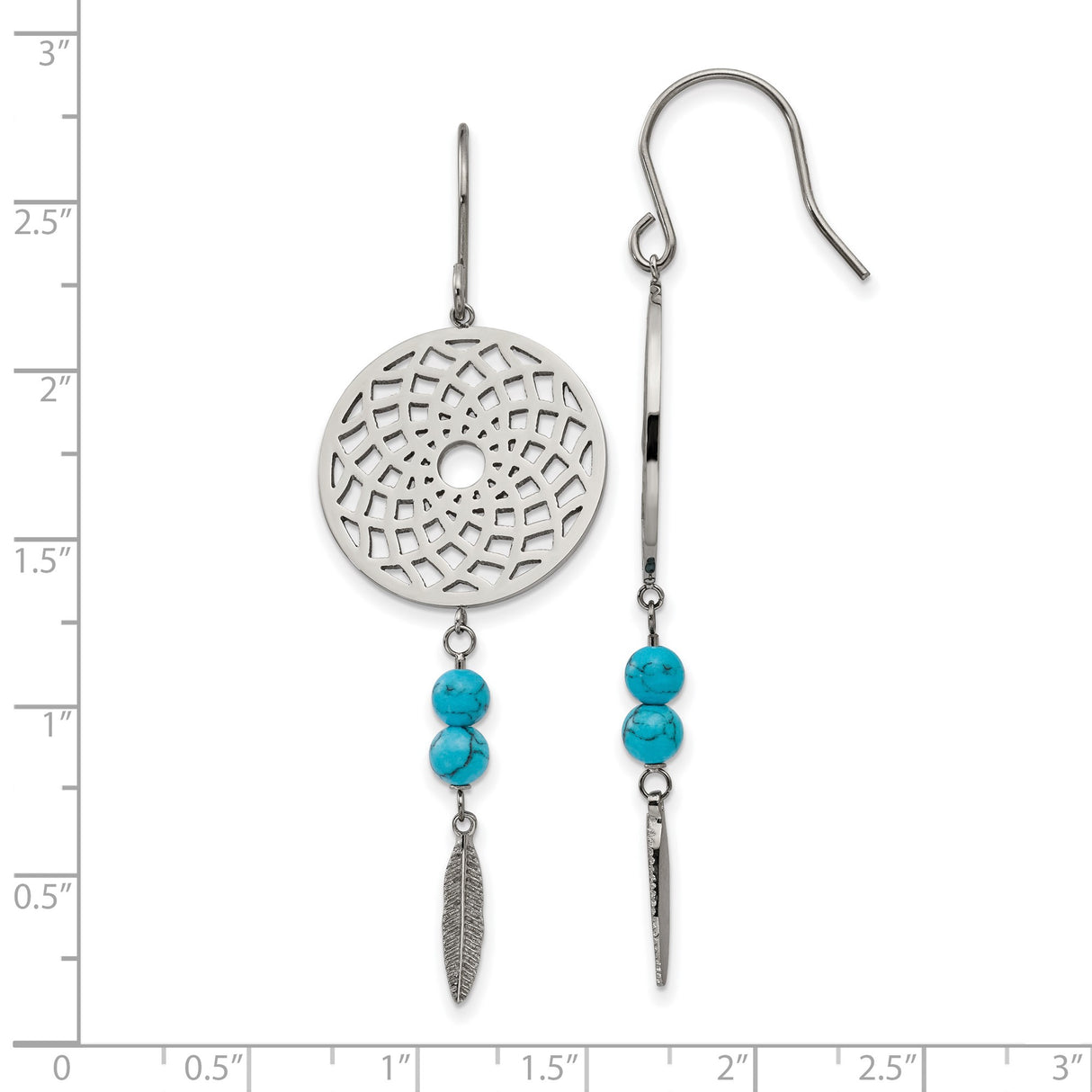 Stainless Steel Dangle Earrings with Turquoise Beads, Dreamcatcher and Feather Charms, Boho Style