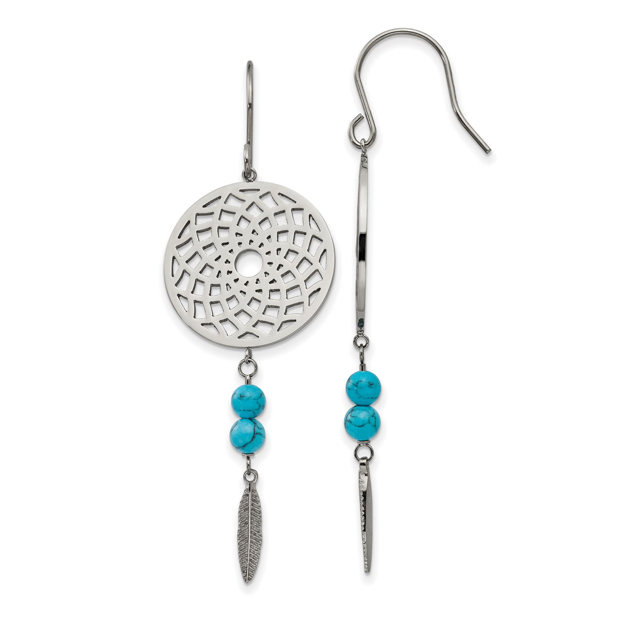 Stainless Steel Dangle Earrings with Turquoise Beads, Dreamcatcher and Feather Charms, Boho Style