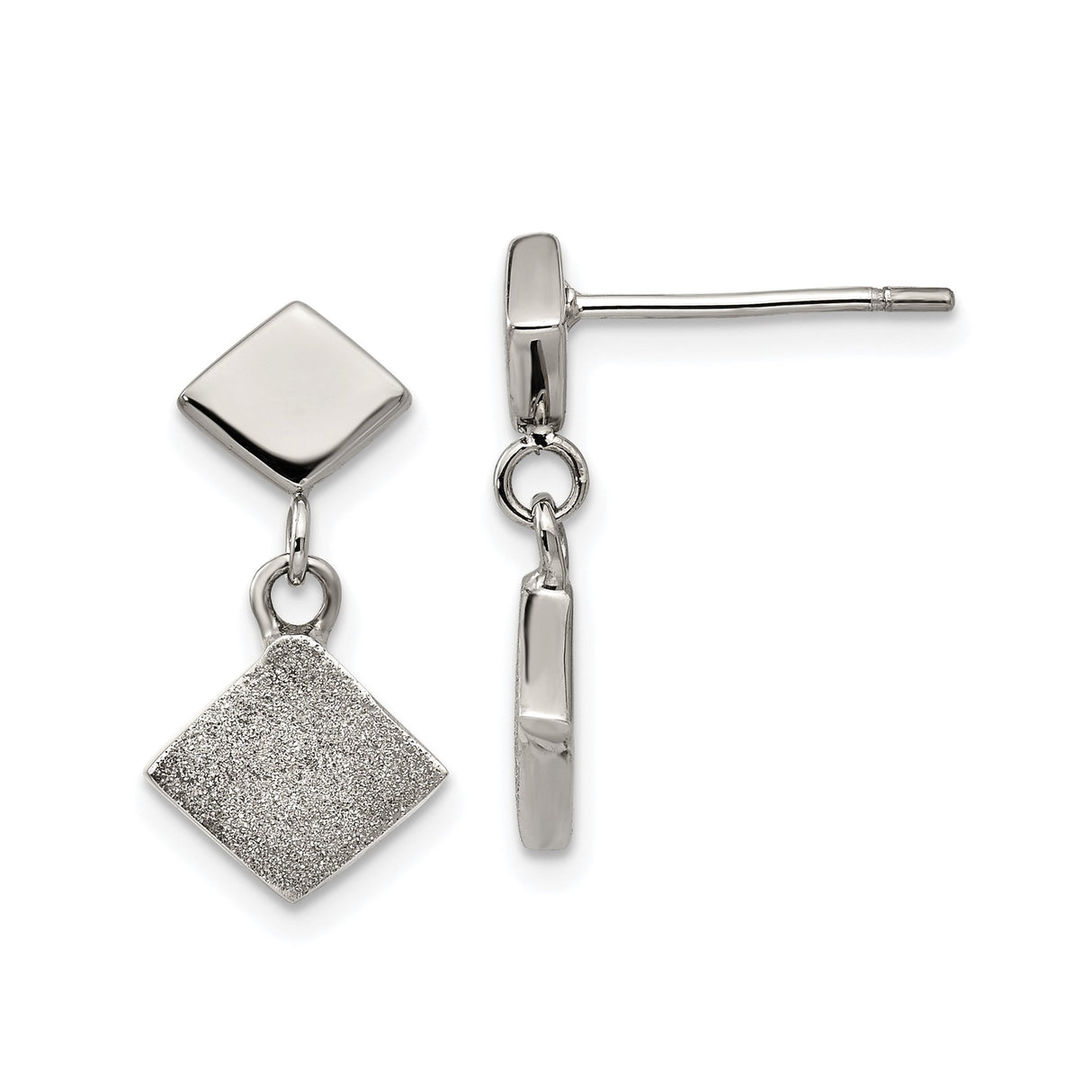 Stainless Steel Dangle Earrings with Dual Diamond Shape Drop, Polished and Textured Finish
