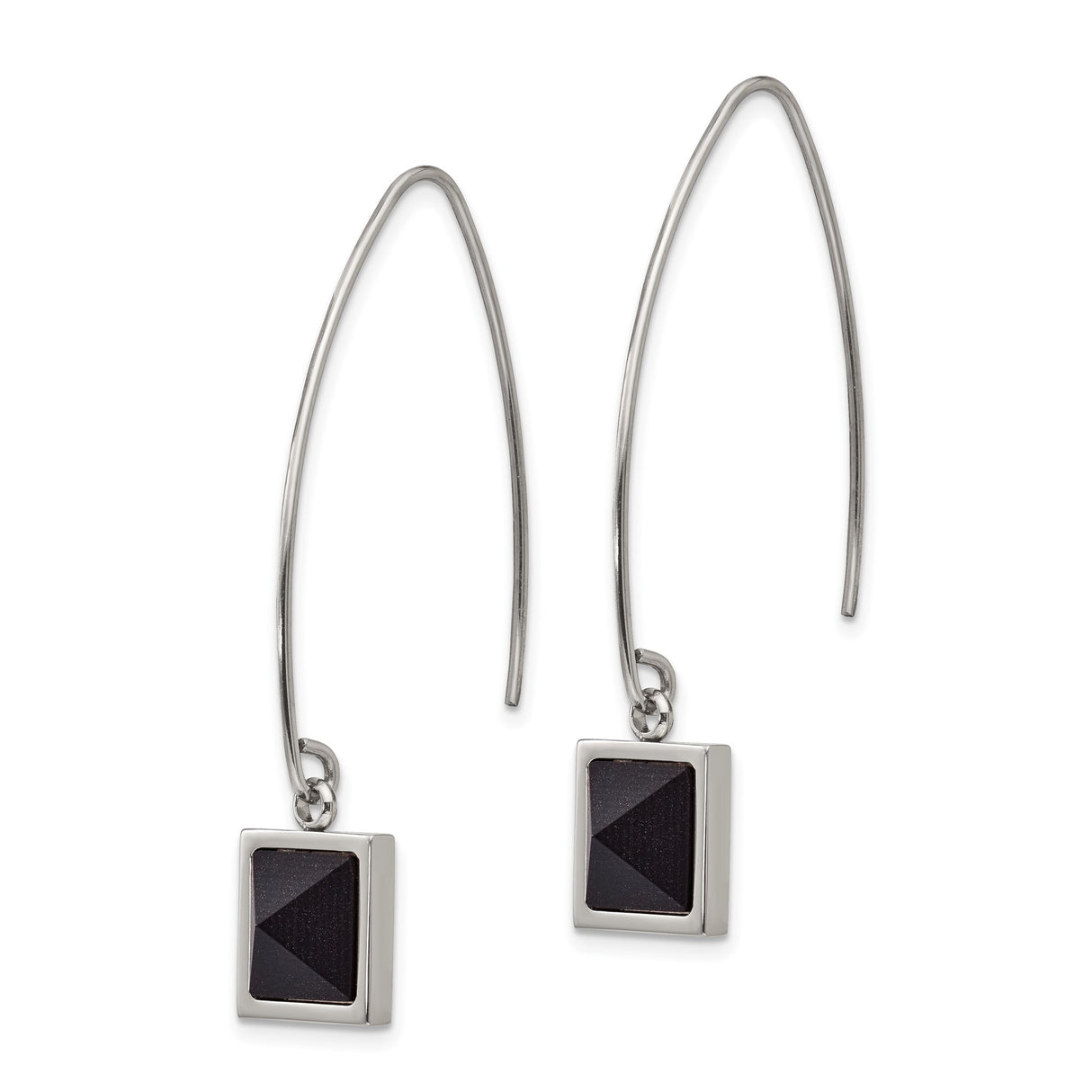 Stainless Steel Drop Earrings with Black Pyramid Inlay, Geometric Square Dangle Design