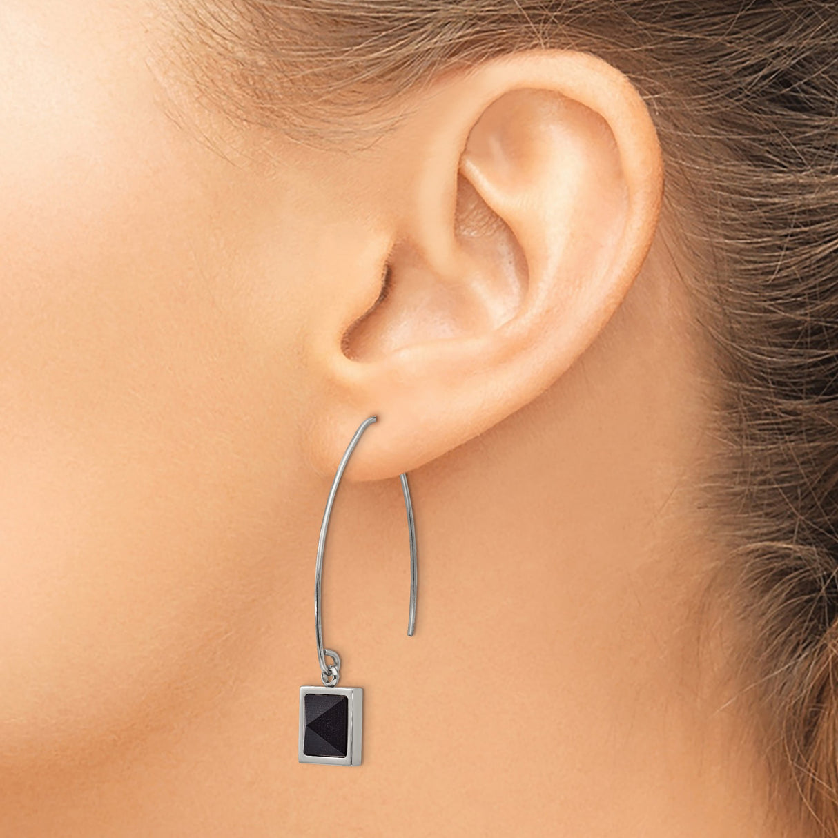 Stainless Steel Drop Earrings with Black Pyramid Inlay, Geometric Square Dangle Design