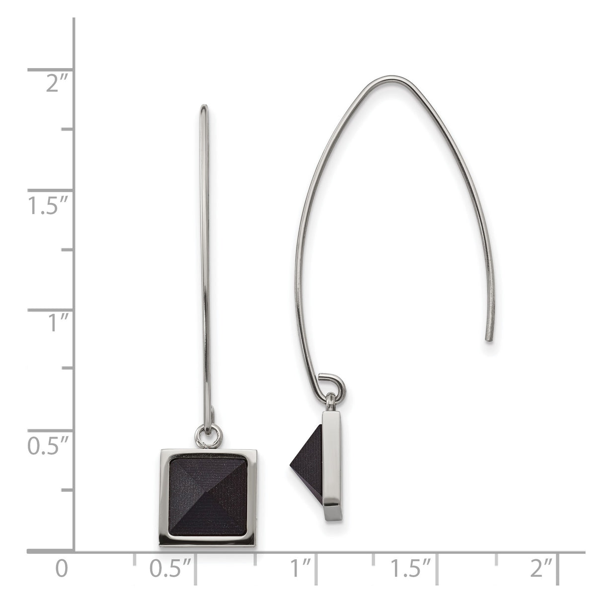 Stainless Steel Drop Earrings with Black Pyramid Inlay, Geometric Square Dangle Design