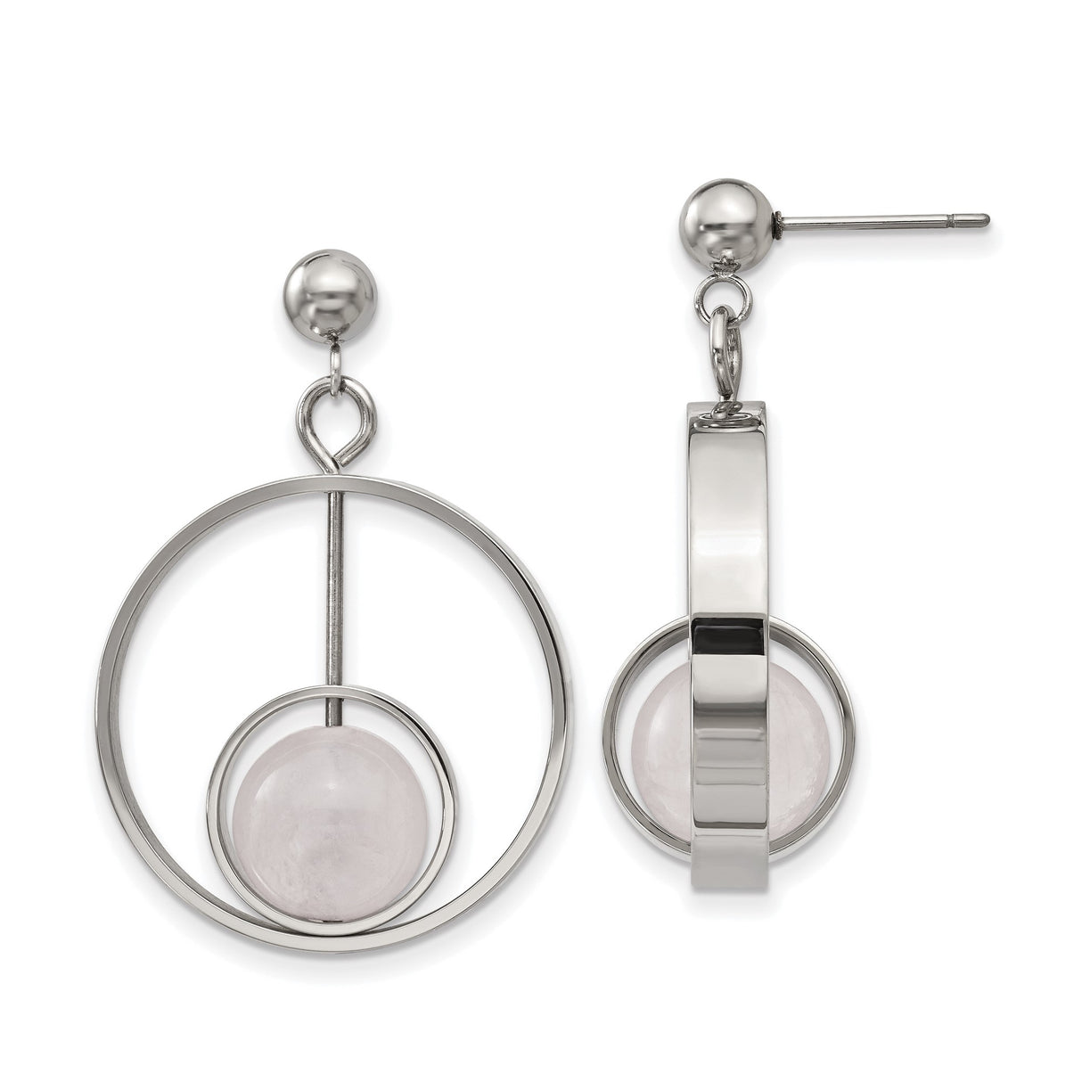 Stainless Steel Drop Earrings with Pale Pink Quartz, Open Circle Geometric Design