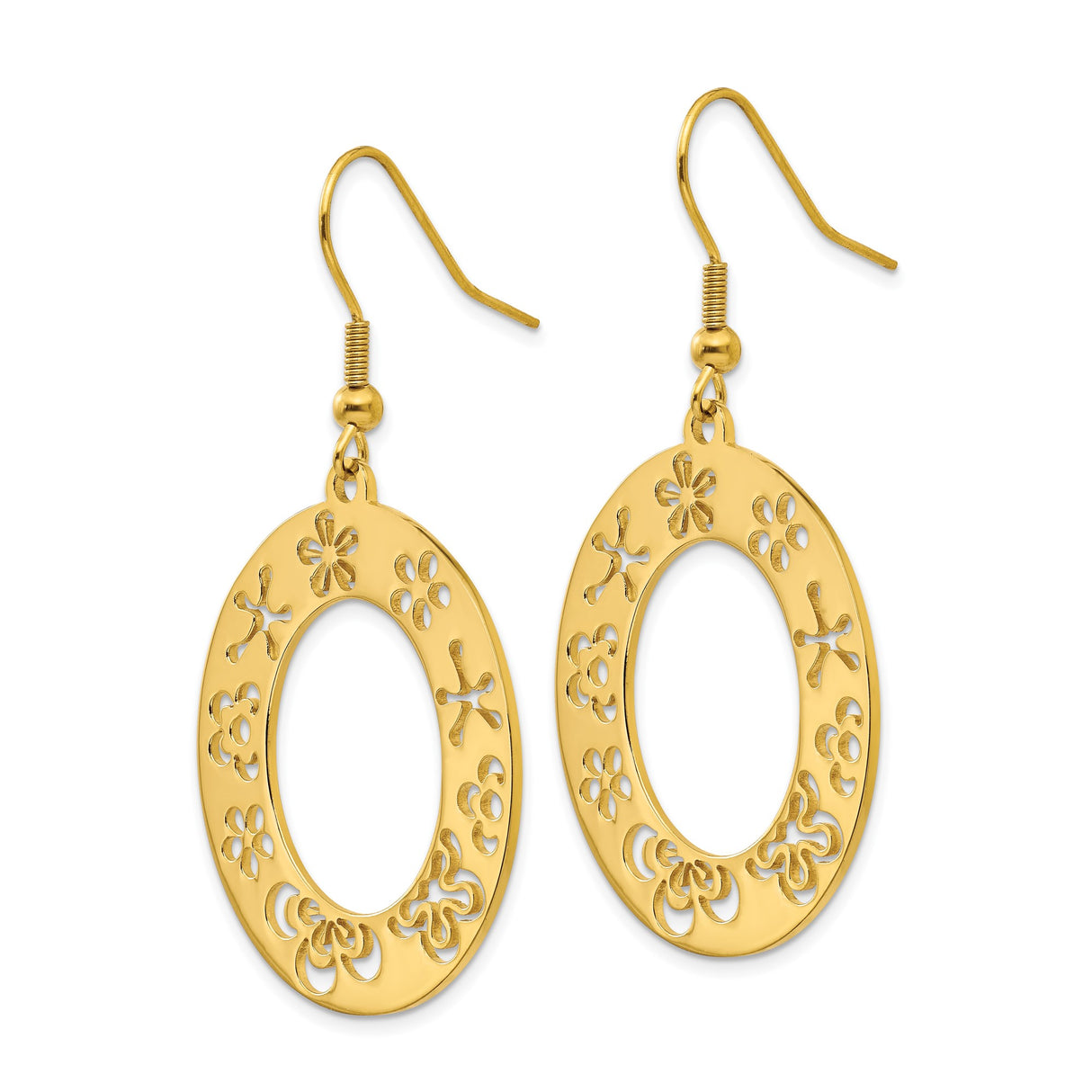 Stainless Steel Dangle Earrings with Open Oval Floral Cutout Design, Gold Tone Boho Chic Style