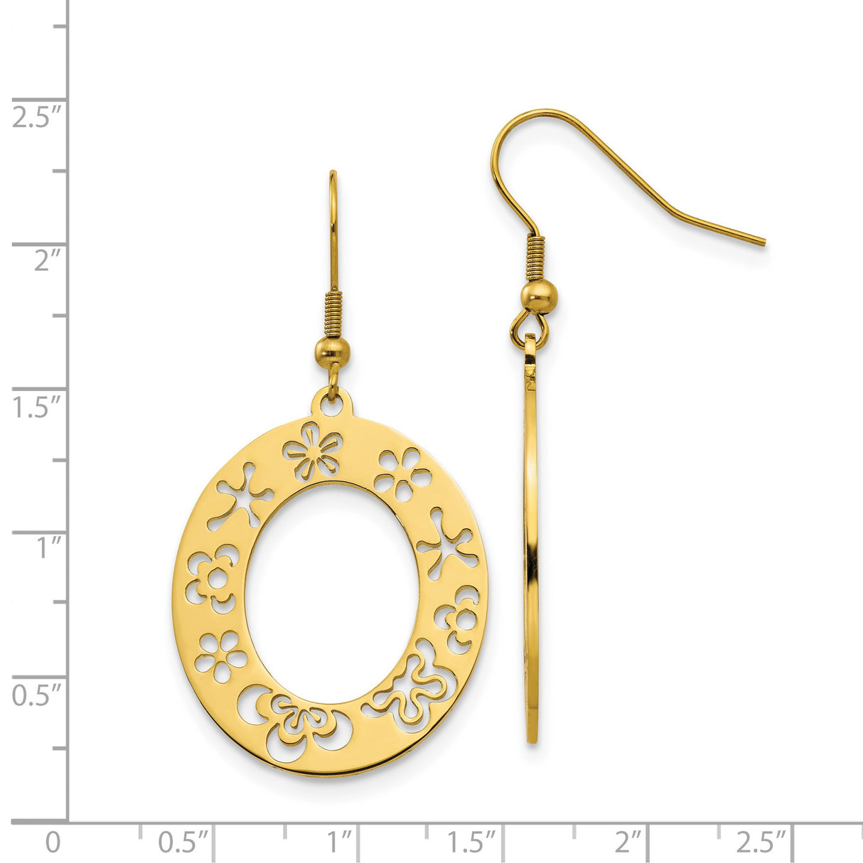 Stainless Steel Dangle Earrings with Open Oval Floral Cutout Design, Gold Tone Boho Chic Style