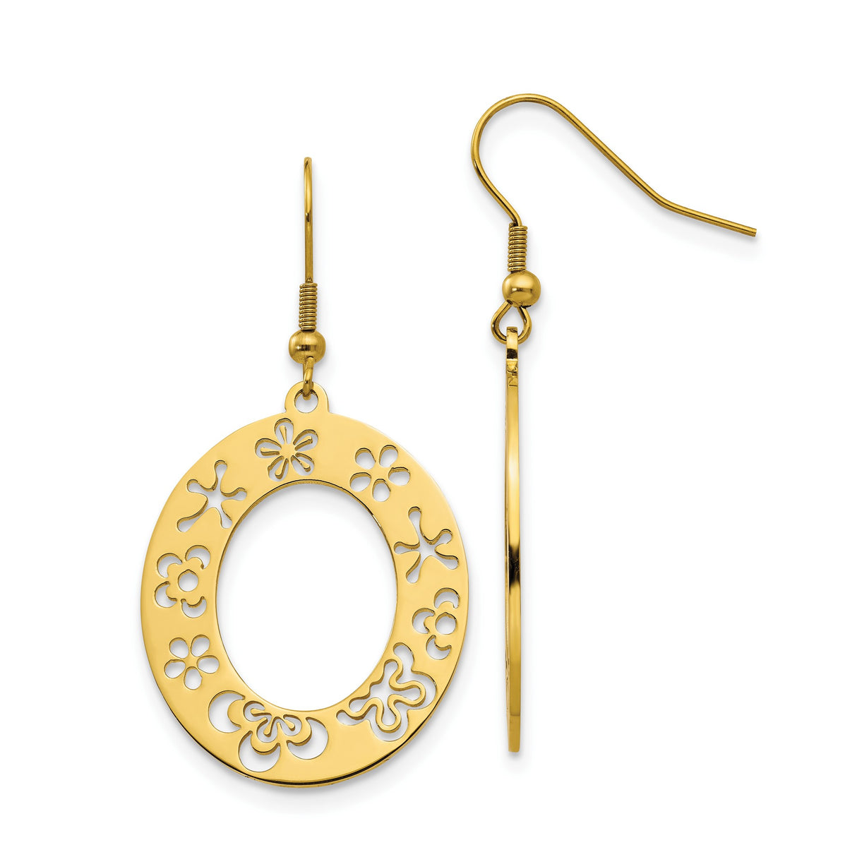 Stainless Steel Dangle Earrings with Open Oval Floral Cutout Design, Gold Tone Boho Chic Style