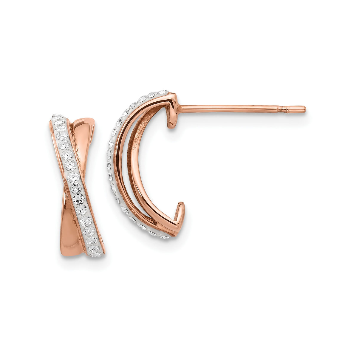 Stainless Steel Crossover Stud Earrings with Clear Crystals, Rose Gold-Tone X Shape Design