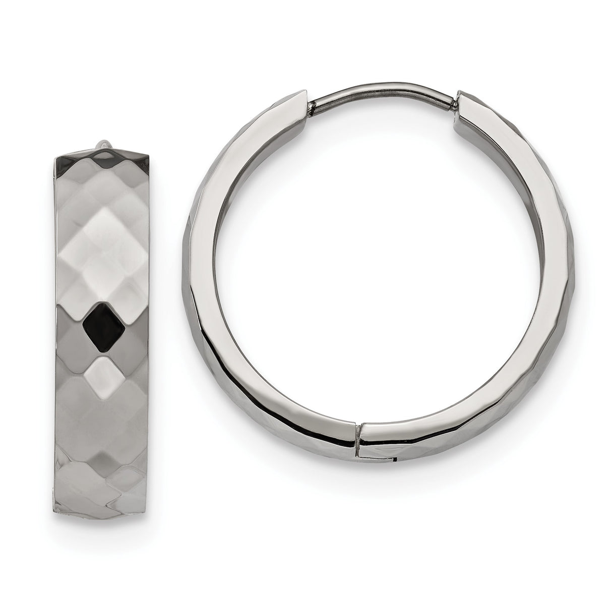 Stainless Steel Hoop Earrings with Faceted Hammered Texture, Modern Minimalist Unisex Design