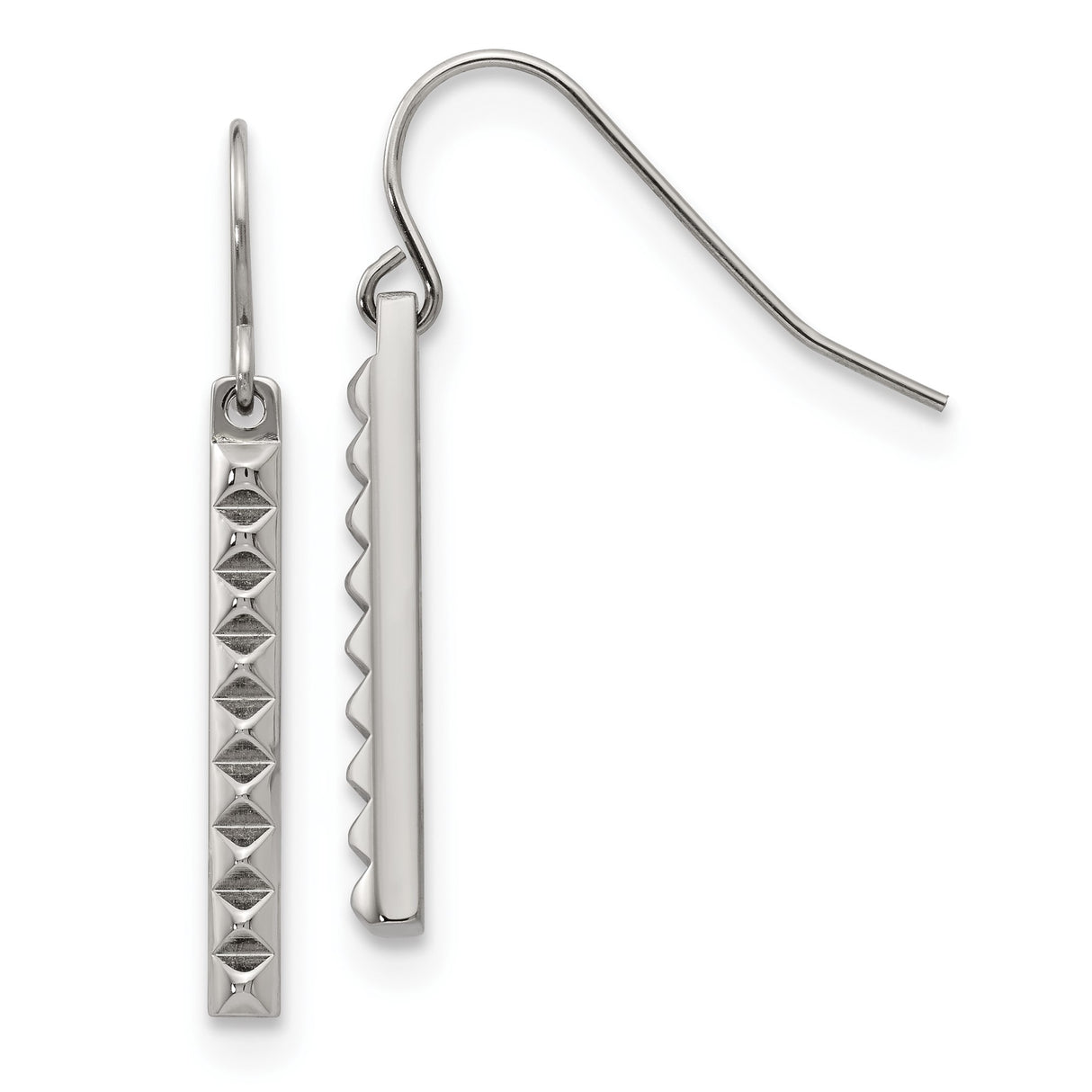 Stainless Steel Dangle Earrings with Vertical Bar Drops and Pyramid Stud Design