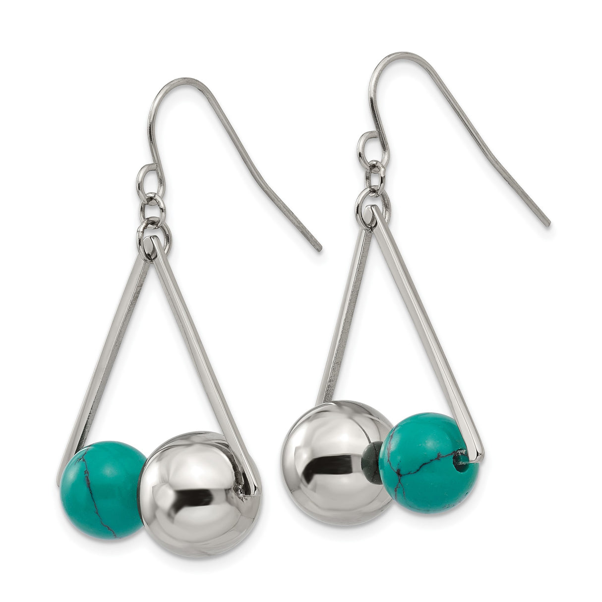 Stainless Steel Dangle Earrings with Created Turquoise, Geometric Triangle Design