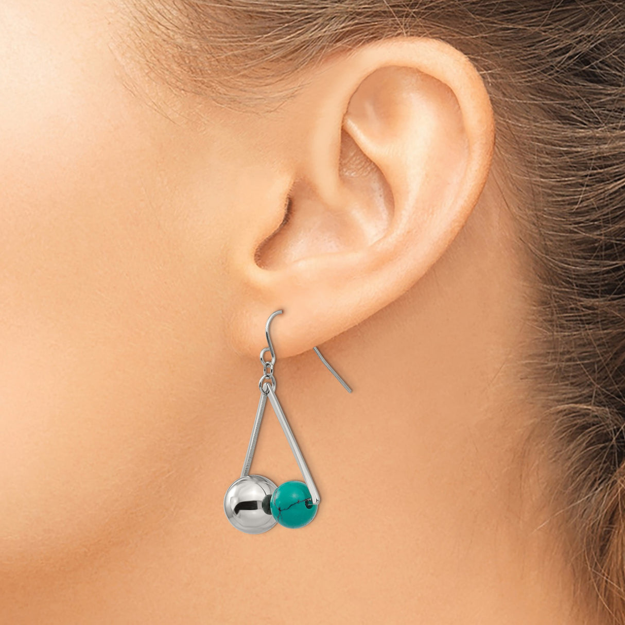 Stainless Steel Dangle Earrings with Created Turquoise, Geometric Triangle Design