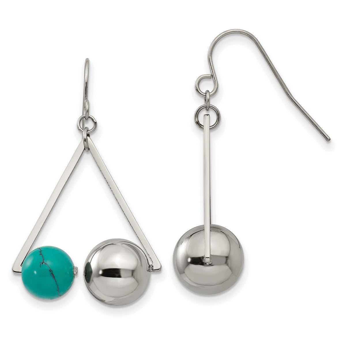 Stainless Steel Dangle Earrings with Created Turquoise, Geometric Triangle Design