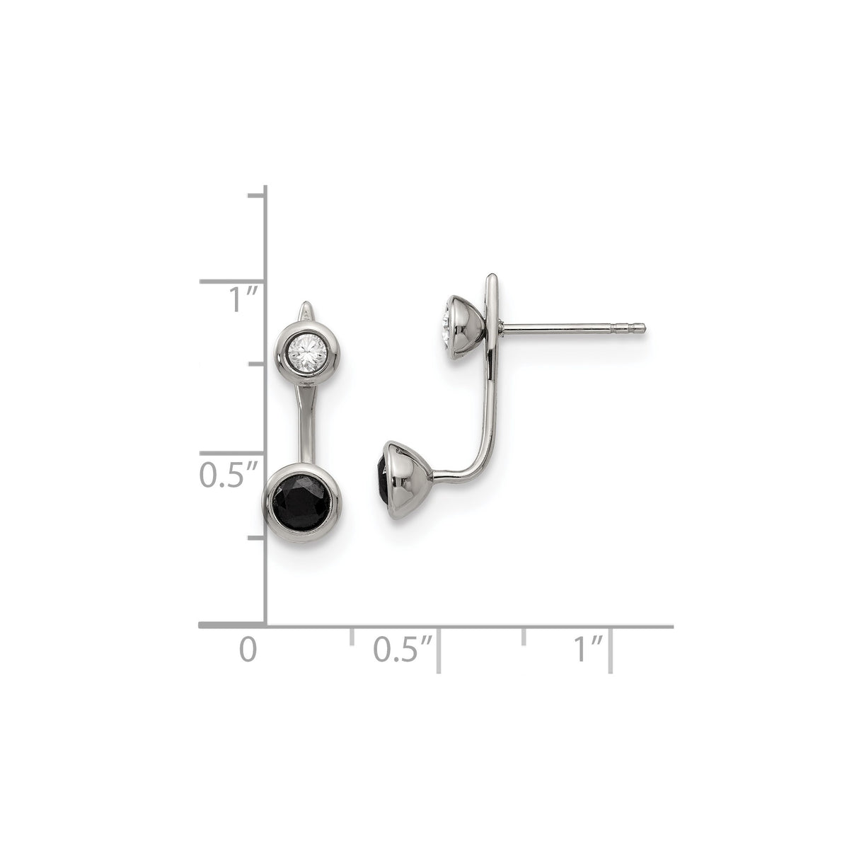Stainless Steel Double Stud Earrings with Clear and Black Cubic Zirconia, Modern Minimalist Design