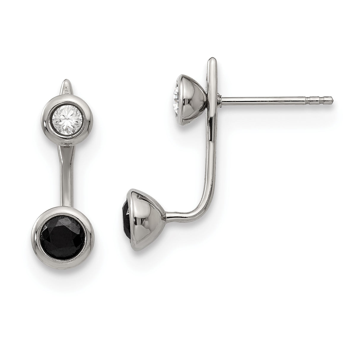 Stainless Steel Double Stud Earrings with Clear and Black Cubic Zirconia, Modern Minimalist Design