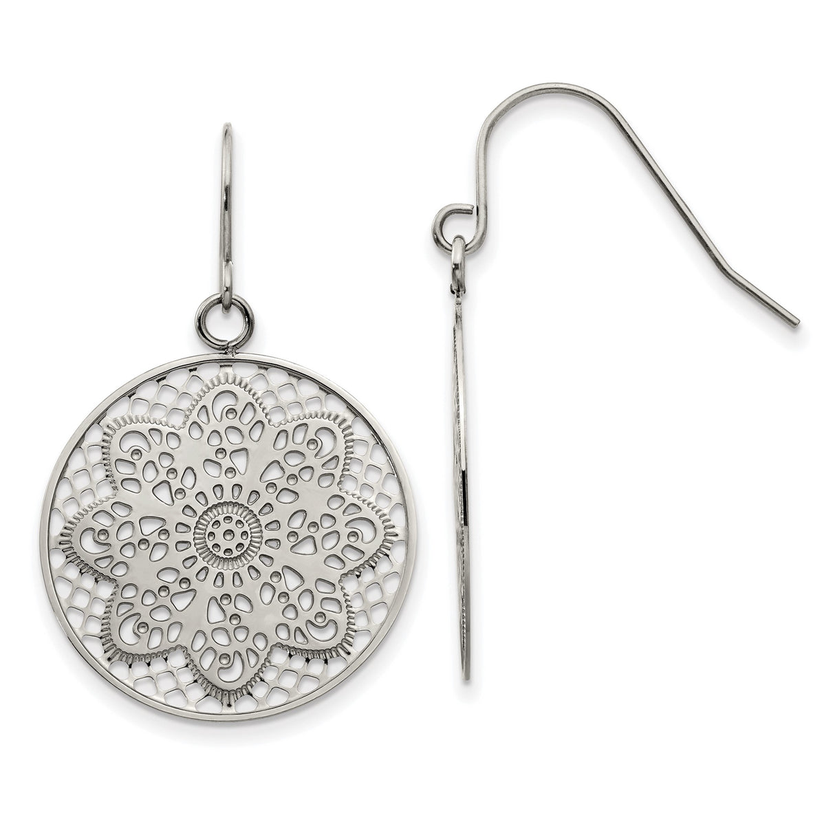Stainless Steel Dangle Earrings with Floral Mandala Filigree Design, Lightweight Boho Style