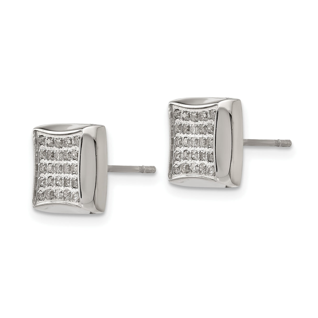 Stainless Steel Mens Square Stud Earrings with Clear Crystals, Polished Grid Design