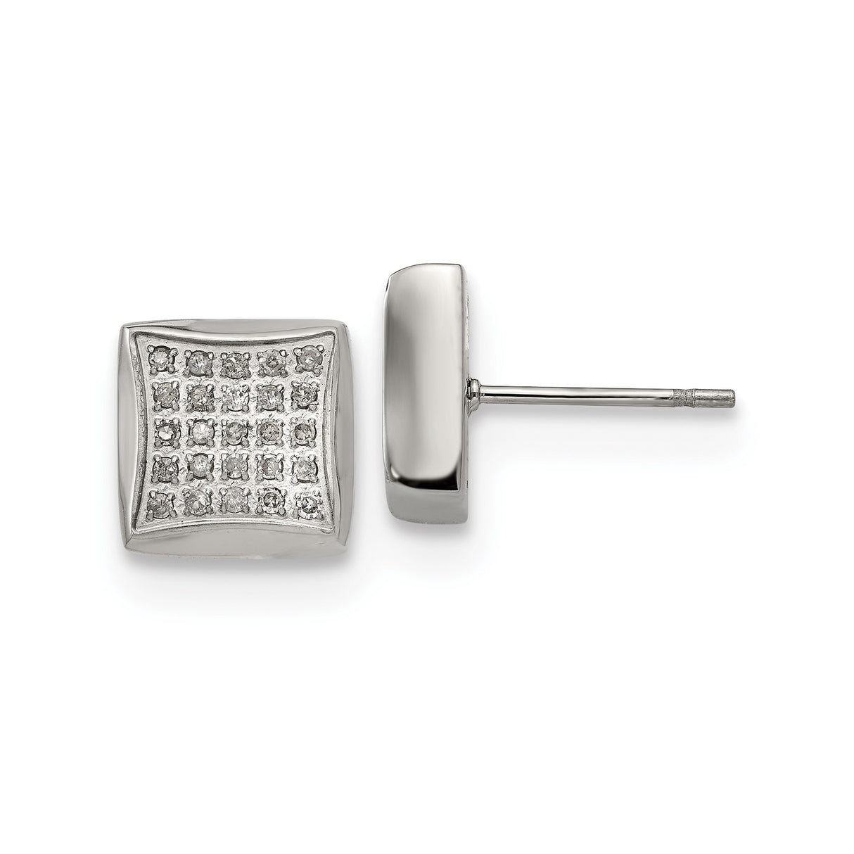 Stainless Steel Mens Square Stud Earrings with Clear Crystals, Polished Grid Design