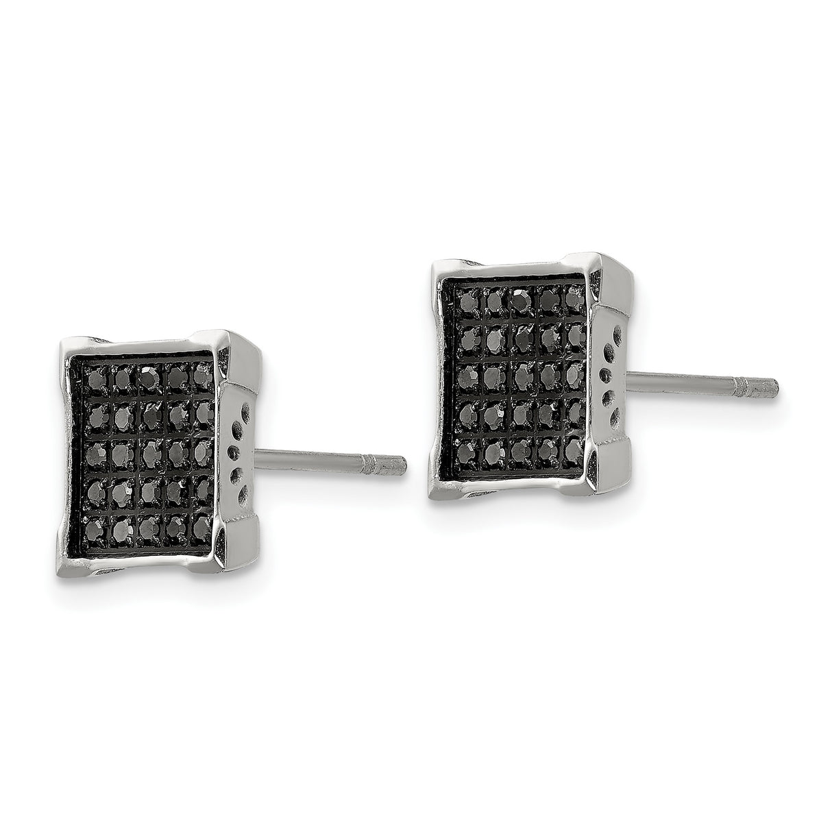 Stainless Steel Stud Earrings with Black Diamond, Geometric Grid Design, Unisex Club Style