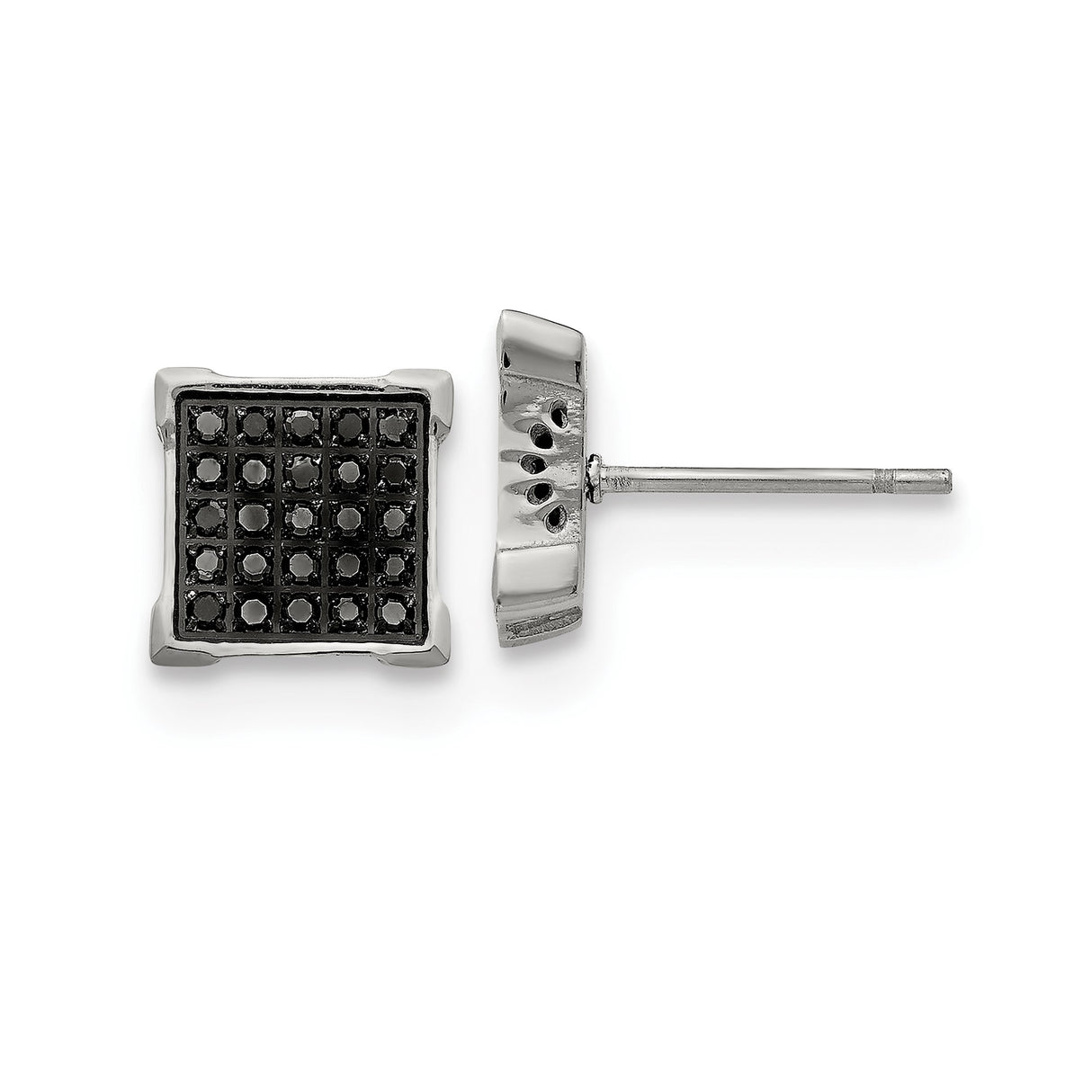 Stainless Steel Stud Earrings with Black Diamond, Geometric Grid Design, Unisex Club Style