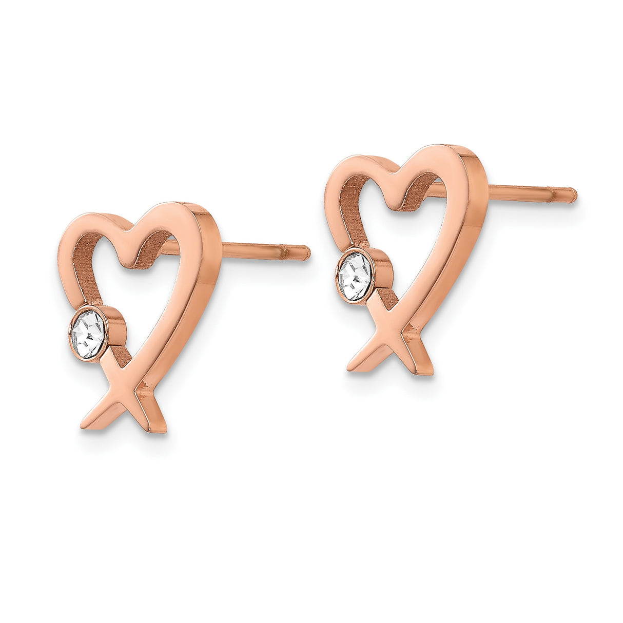316 Stainless Steel Heart Ichthys Earrings with Clear Crystal Accent, Rose Gold Christian Studs