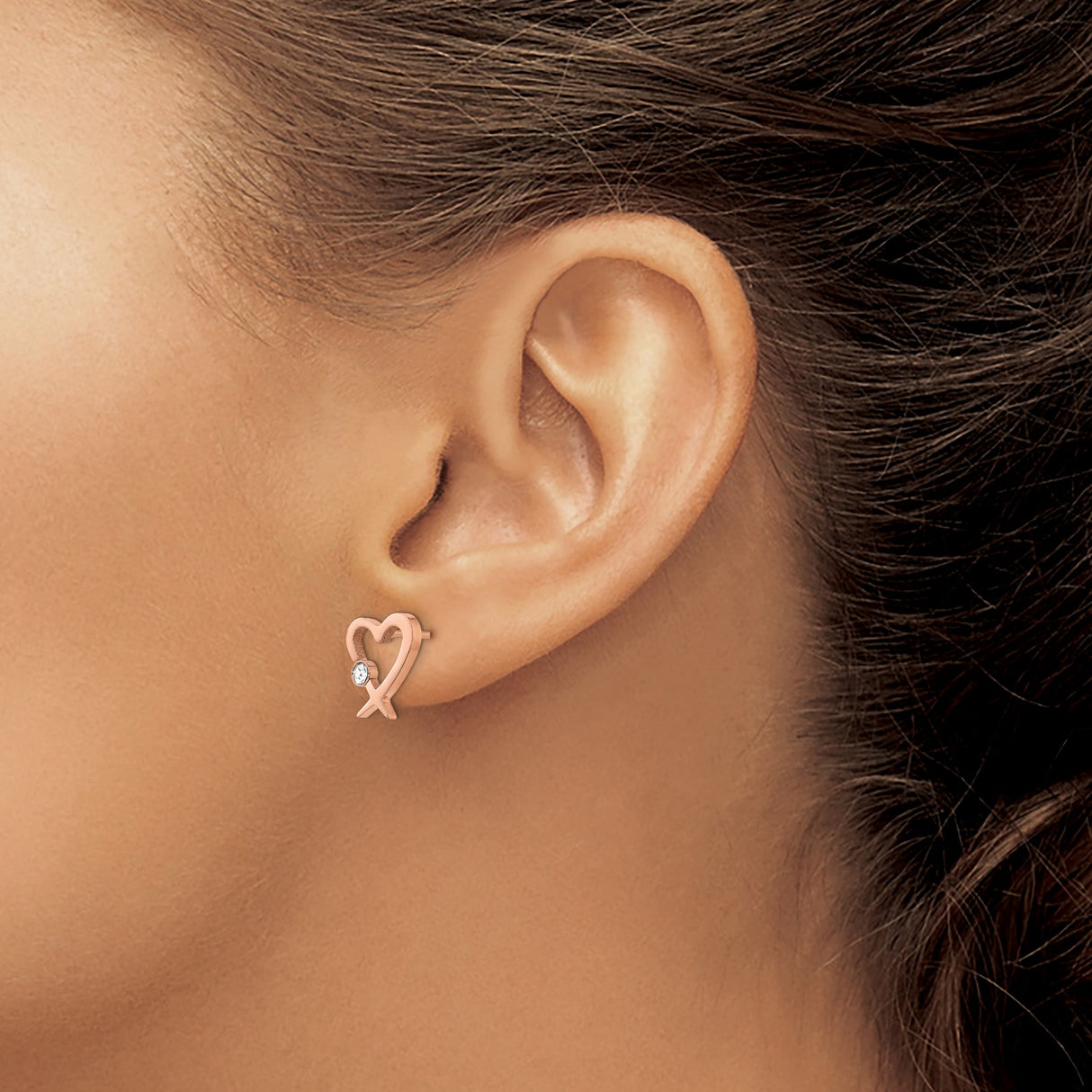 316 Stainless Steel Heart Ichthys Earrings with Clear Crystal Accent, Rose Gold Christian Studs