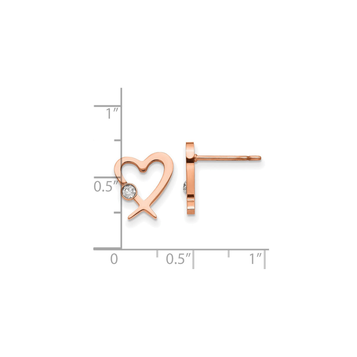 316 Stainless Steel Heart Ichthys Earrings with Clear Crystal Accent, Rose Gold Christian Studs