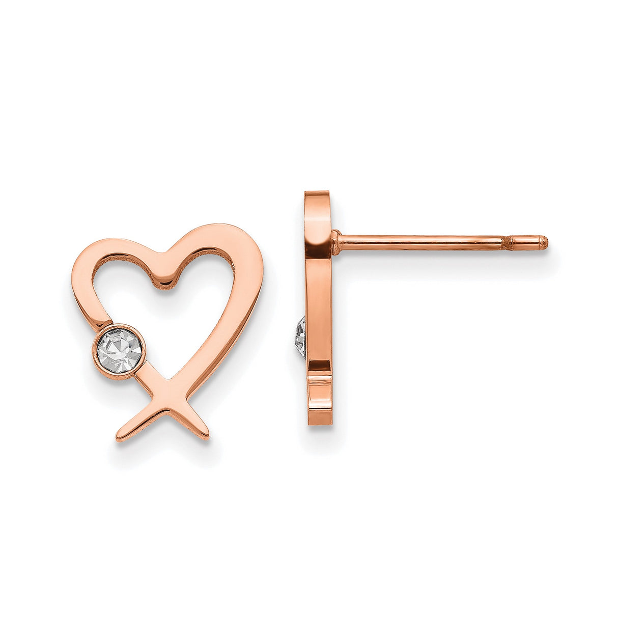 316 Stainless Steel Heart Ichthys Earrings with Clear Crystal Accent, Rose Gold Christian Studs