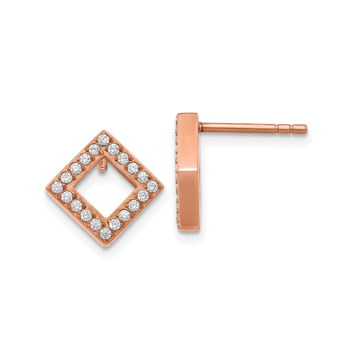 316 Stainless Steel Square Stud Earrings with Clear Crystals, Rose Gold Finish, Geometric Design