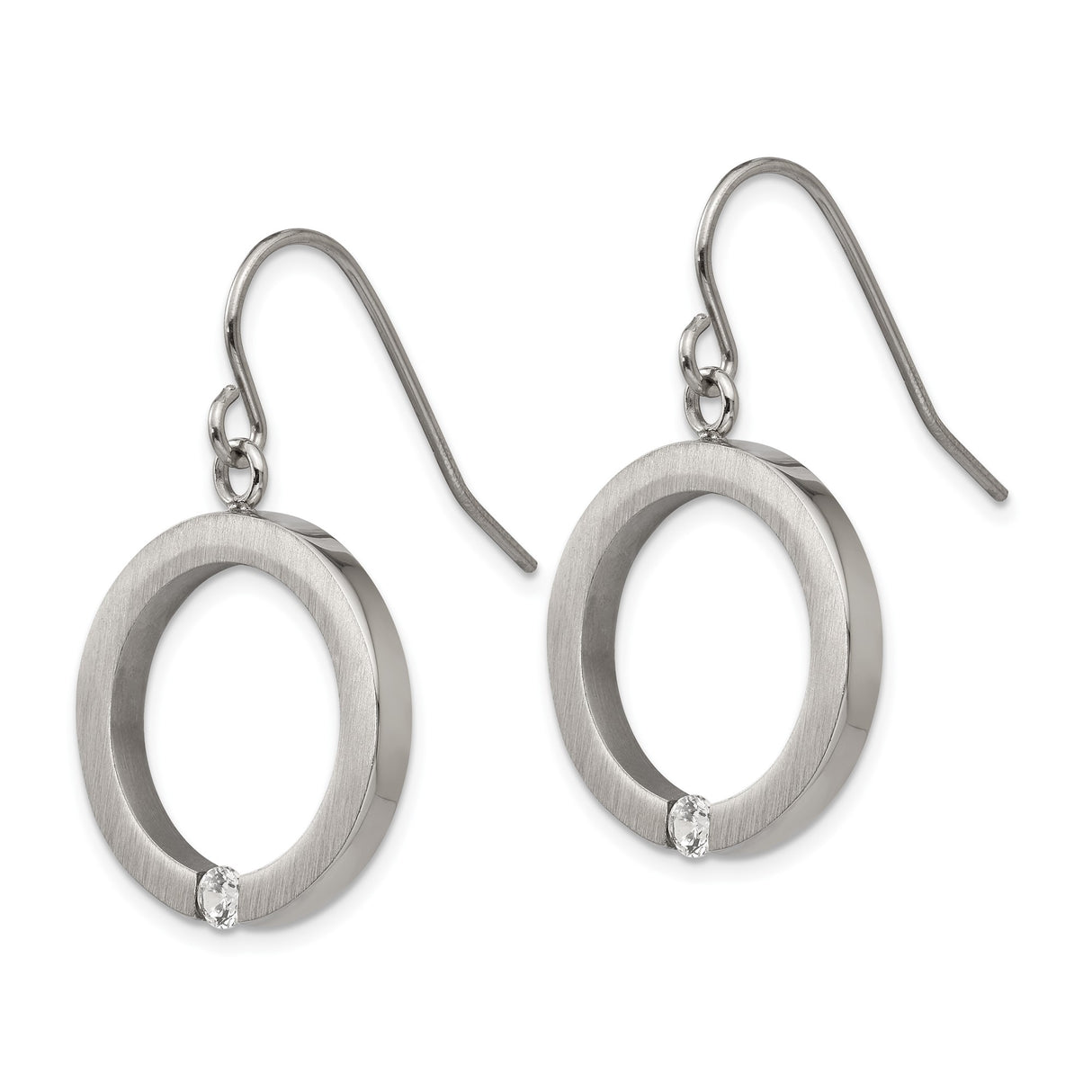 Stainless Steel Dangle Earrings with Open Circle and Round Clear Crystal Accent