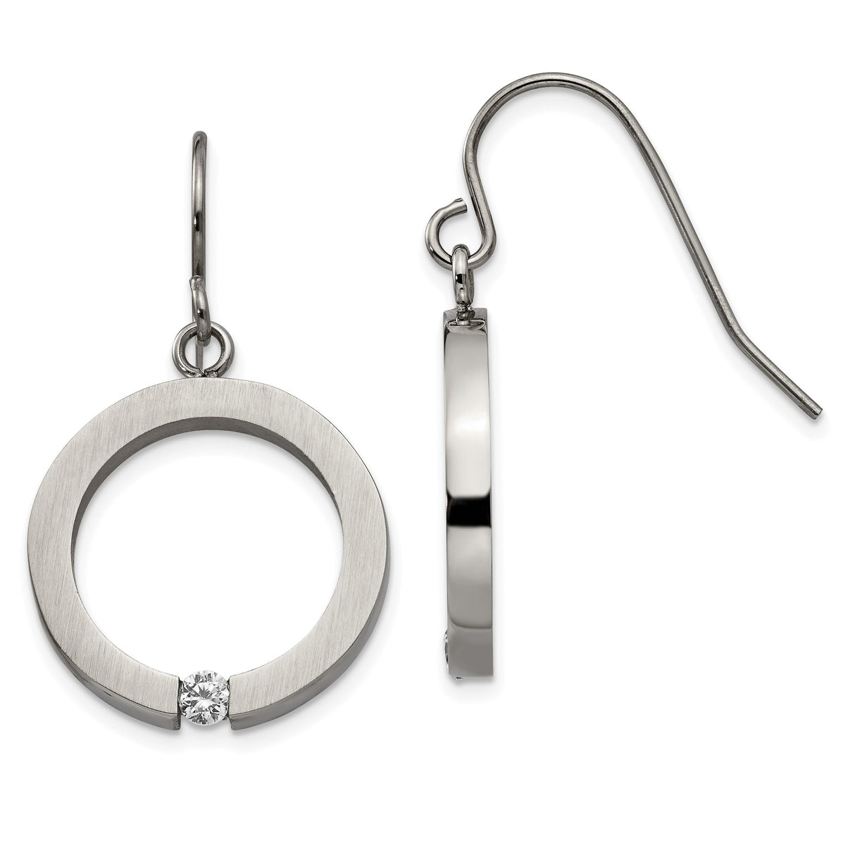 Stainless Steel Dangle Earrings with Open Circle and Round Clear Crystal Accent