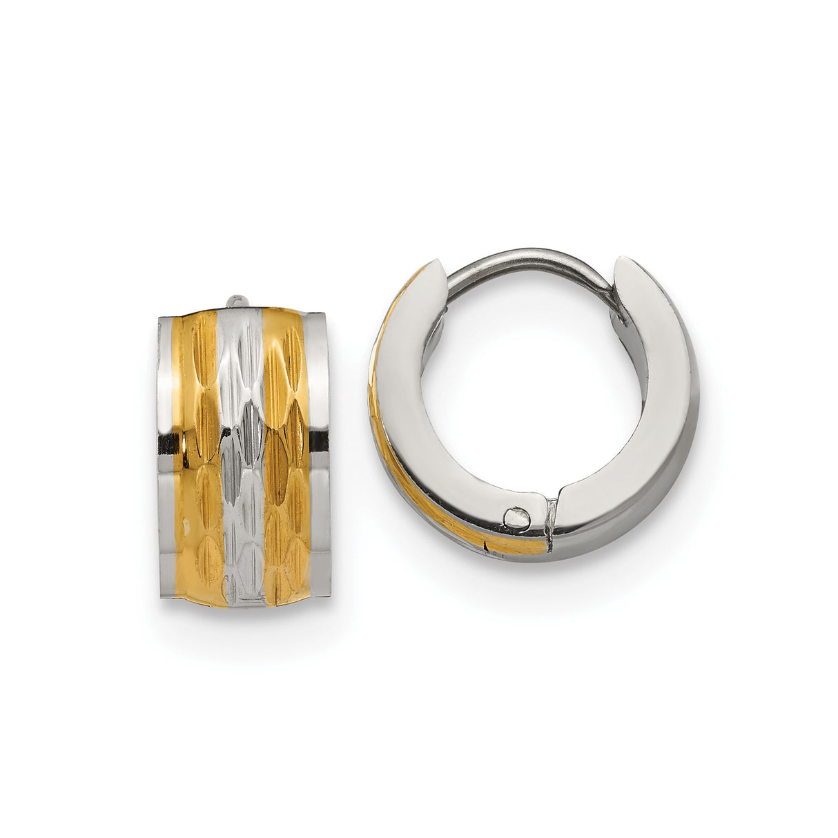 Stainless Steel Huggie Hoop Earrings, Gold and Silver Plated, Textured Dual Tone Design, Unisex Style