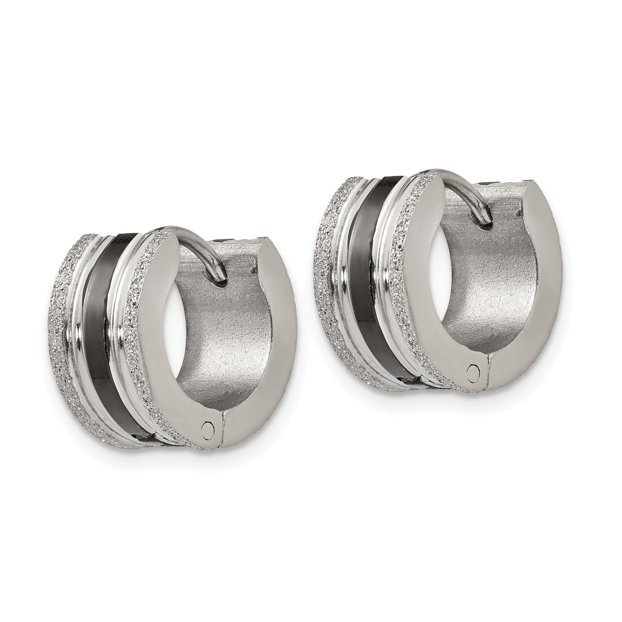 Stainless Steel Huggie Hoop Earrings with Black Enamel Stripe and Textured Edges for Men