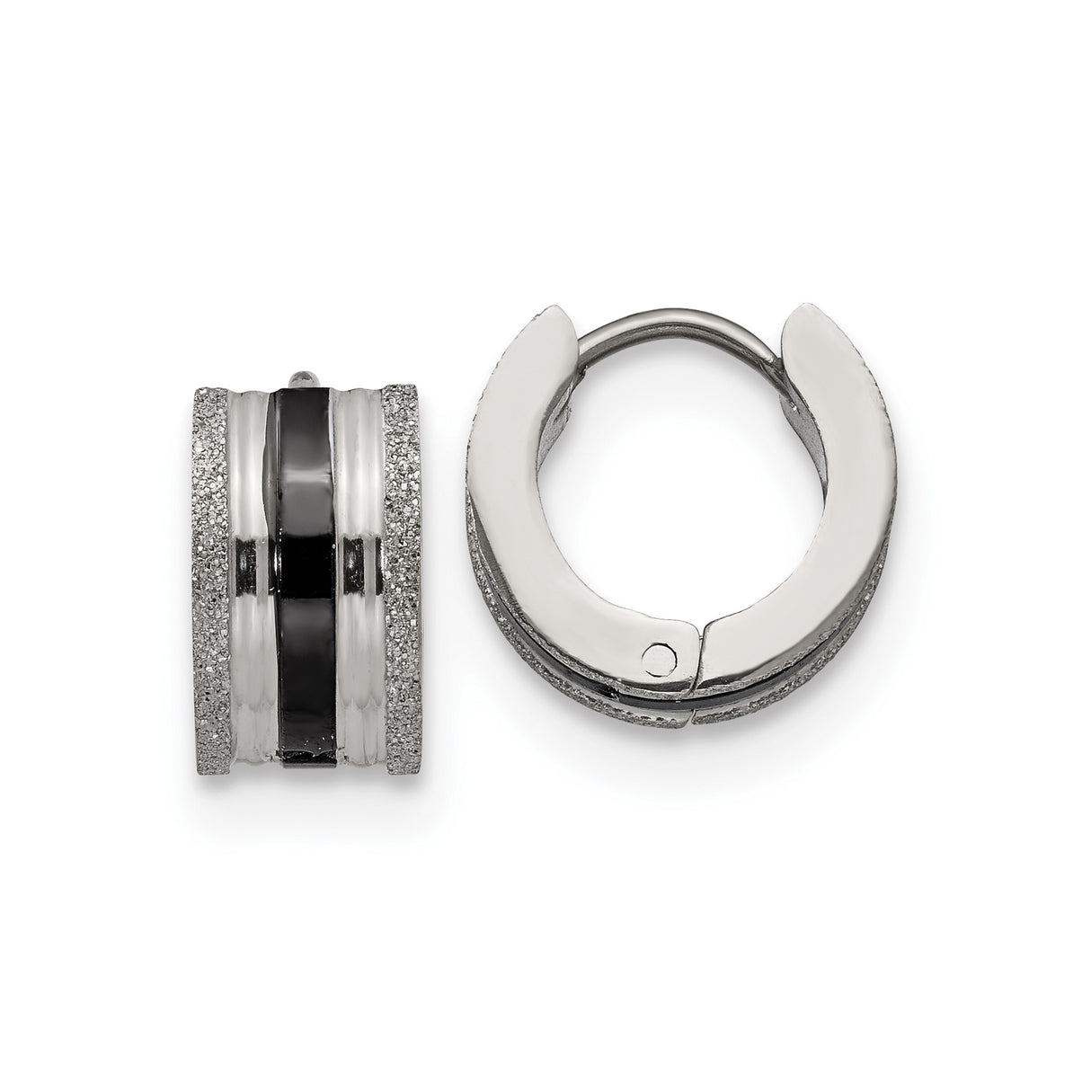 Stainless Steel Huggie Hoop Earrings with Black Enamel Stripe and Textured Edges for Men