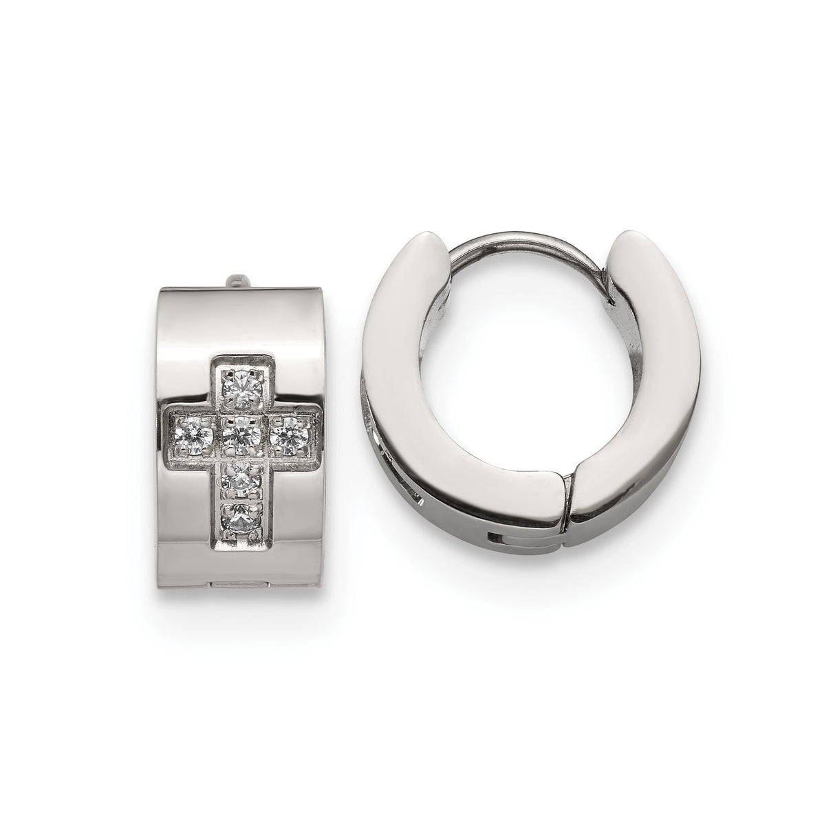 316 Stainless Steel Hoop Earrings with Cubic Zirconia Christian Cross Design