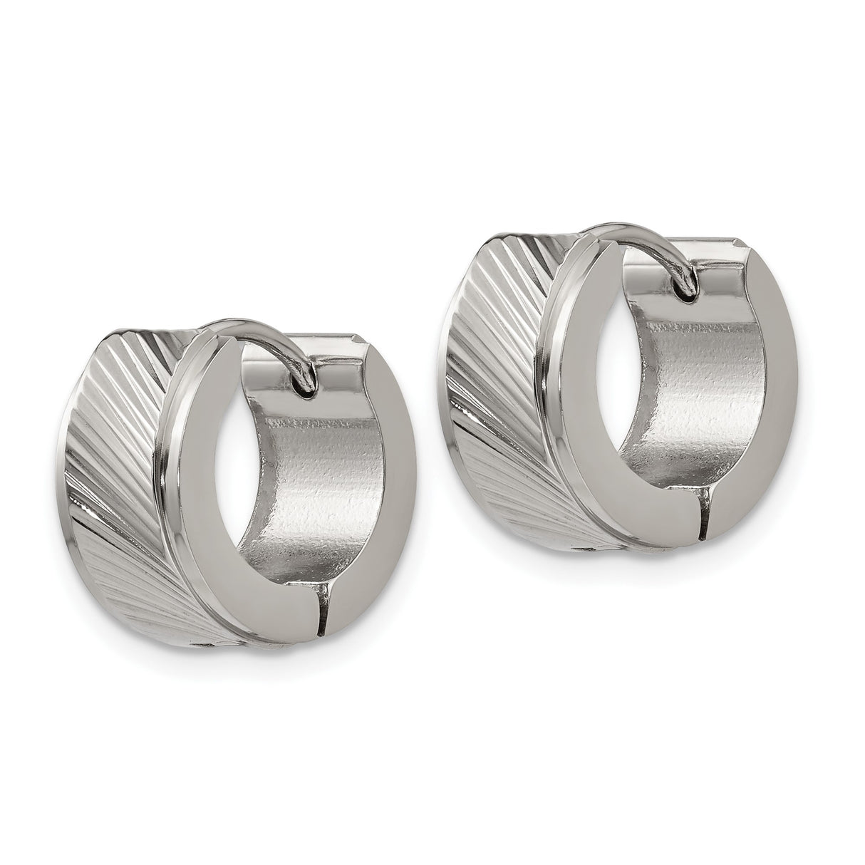 Stainless Steel Huggie Hoop Earrings with Brushed Diagonal Stripe Design for Men