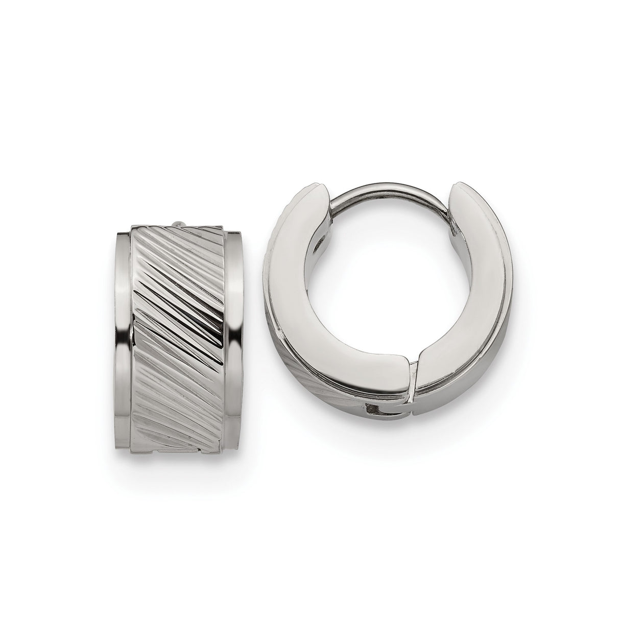 Stainless Steel Huggie Hoop Earrings with Brushed Diagonal Stripe Design for Men