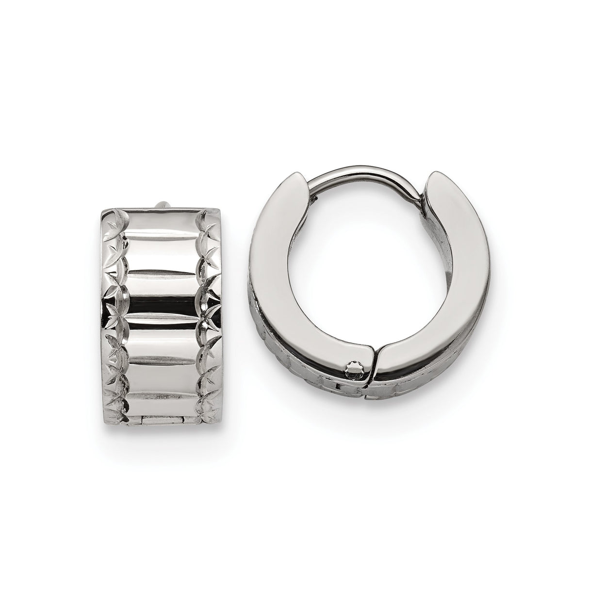 Stainless Steel Hoop Earrings, Polished Etched Hinged Design, Hypoallergenic Modern Style