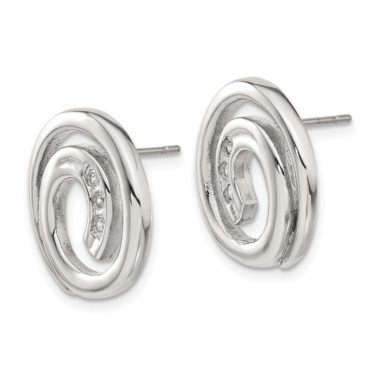 Stainless Steel Stud Earrings with Cubic Zirconia, Spiral Swirl Design, Hypoallergenic Jewelry