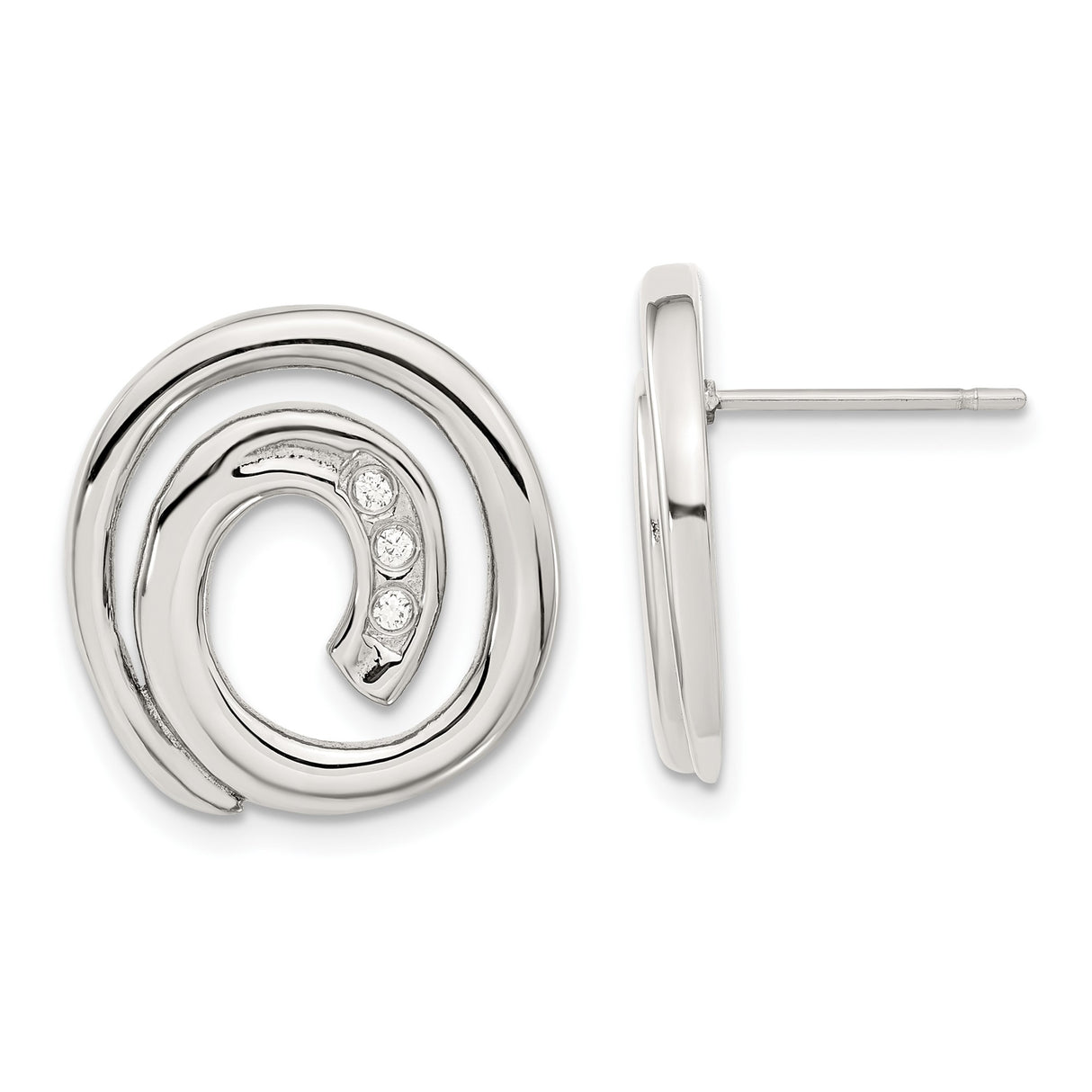 Stainless Steel Stud Earrings with Cubic Zirconia, Spiral Swirl Design, Hypoallergenic Jewelry