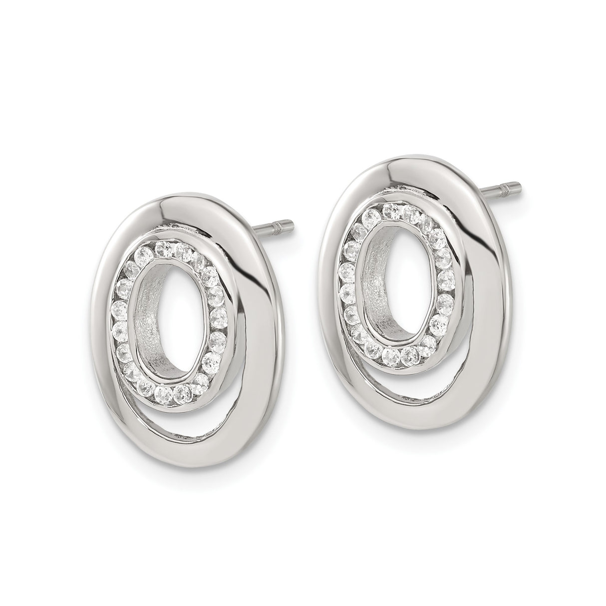 Stainless Steel Stud Earrings with Cubic Zirconia, Oval Double Ring Design, Minimalist Style
