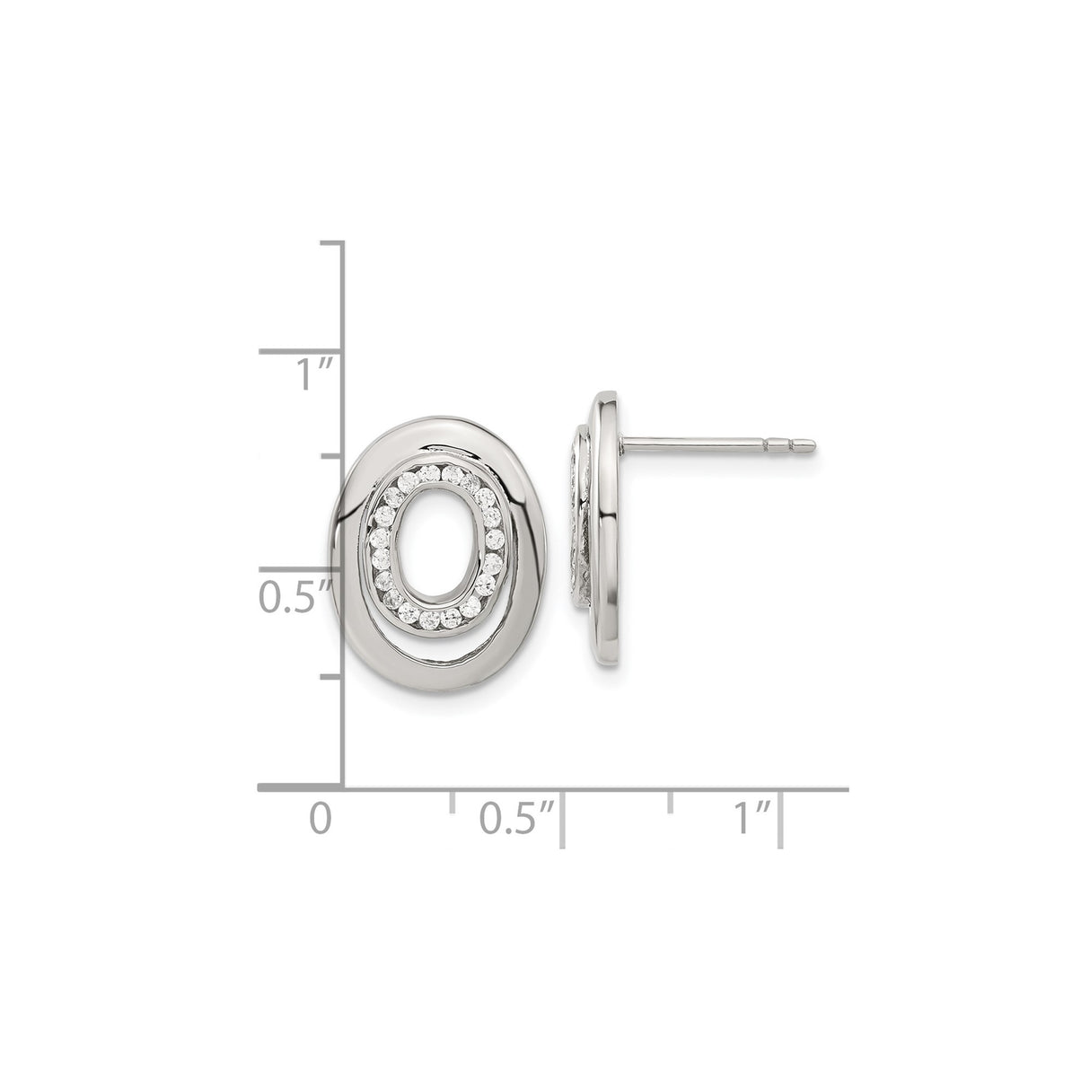 Stainless Steel Stud Earrings with Cubic Zirconia, Oval Double Ring Design, Minimalist Style