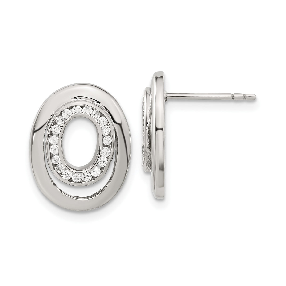 Stainless Steel Stud Earrings with Cubic Zirconia, Oval Double Ring Design, Minimalist Style