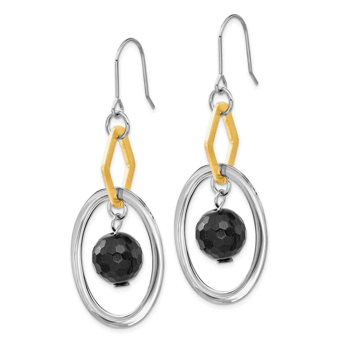 Stainless Steel Drop Earrings with Onyx, Two-Tone Geometric Modern Design for Women