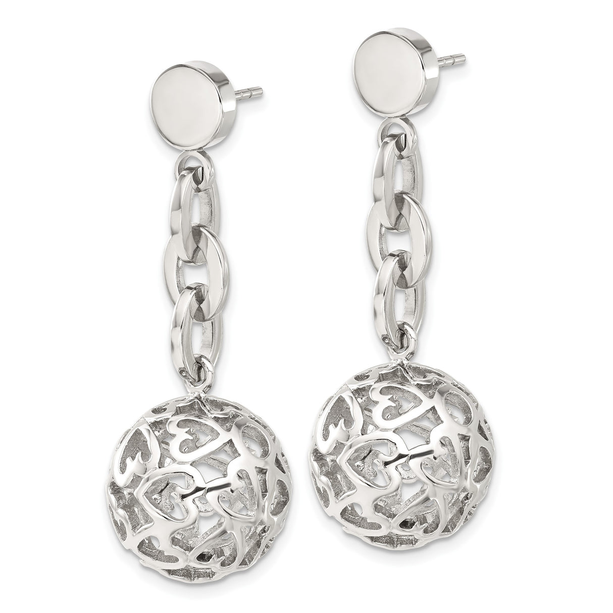 Stainless Steel Drop Earrings with Openwork Spheres and Heart Cutouts for Women
